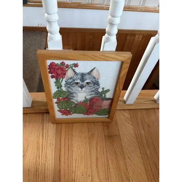 Garden Mischief Cat in Flowers Design Cross Stitch Completed and Framed. ￼ - Picture 2 of 3